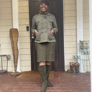 Army Green Peacoat style cropped removable hooded jacket coat.